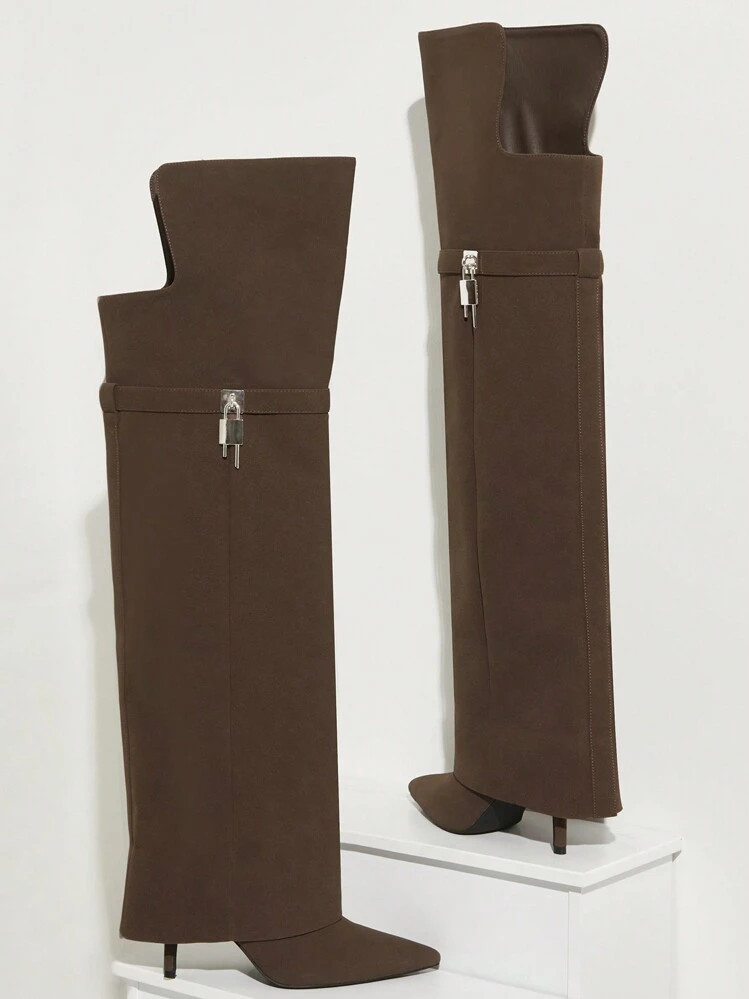 SHUZIA Women Everyday Basic Casual Folded Over Lock Decor Comfortable Brown Suede High Heeled Boots New Year Holiday Valentine Gifts Summer Shoes Valentines Spring Shoes | SHEIN