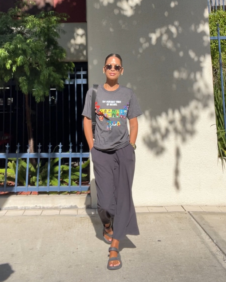 Laid back comic-con look with wide leg lounge pants marvel t shirt and the most comfy waterproof sandals I haven’t taken of summer 🙌🏽