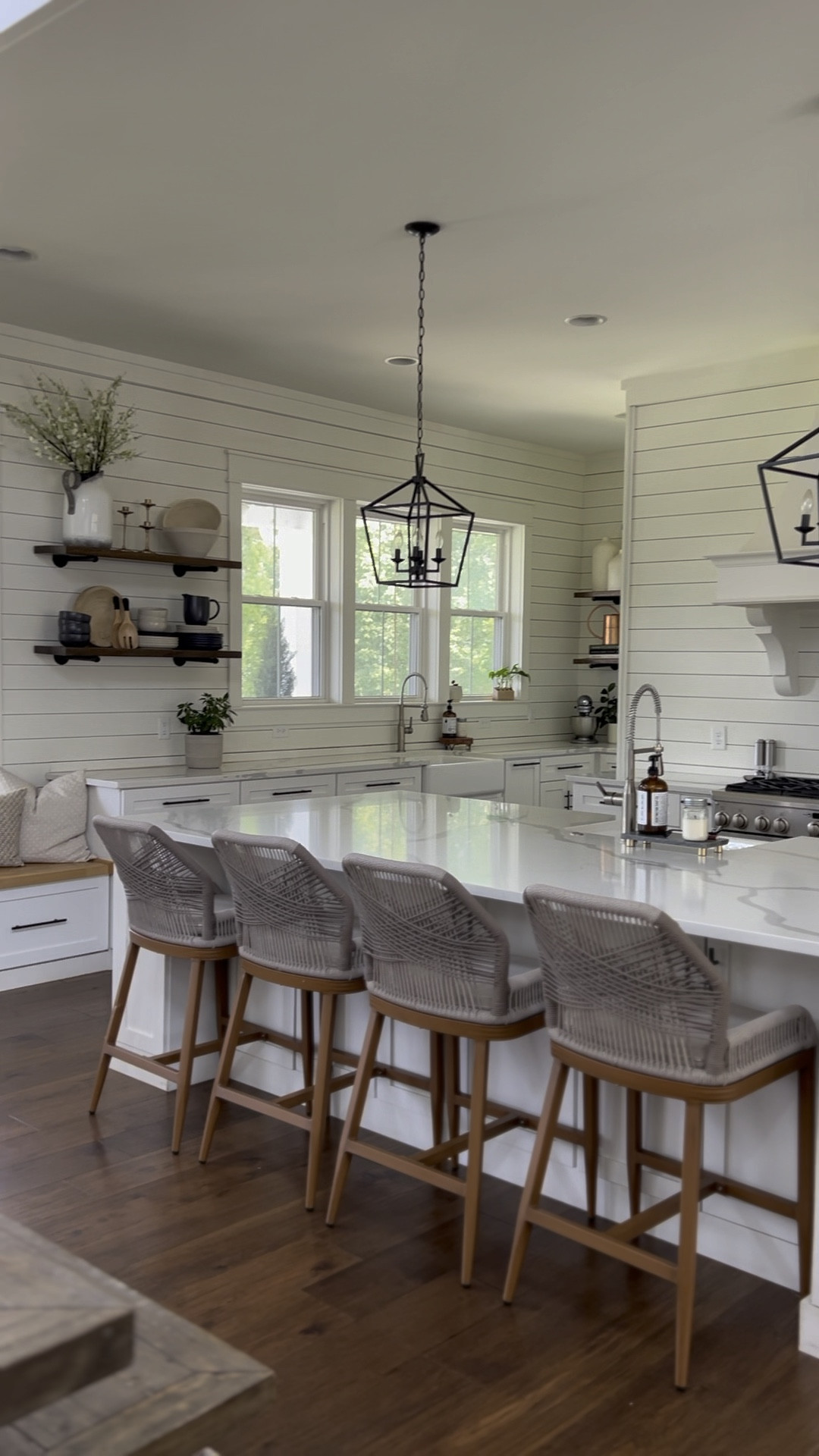 Kitchen design! Modern trending barstools lantern light fixture kitchen island pendant open shelving dishes dinnerware place settings throw pillows covers cherry blossom stems rug dining table benches furniture modern farmhouse style wayfair finds and deals Etsy amazon favorites 

#LTKstyletip #LTKFind #LTKhome