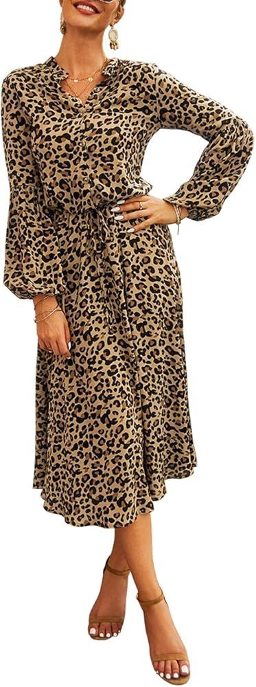 2020 Women’s Midi Leopard Dress Stylish Long Sleeves High Waist Dress Button Front Drawstring W... | Amazon (US)