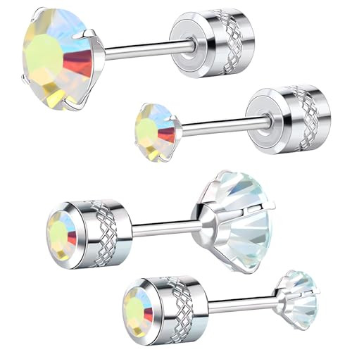Flat Back Earrings for Women Rainbow Moonstone Studs Earrings Set Comfortable Nap Earrings Flat Back stud Earrings Moonstone Earrings Studs for Sensitive Ears Hypoallergenic(3mm+5mm, 2Pairs) | Amazon (US)