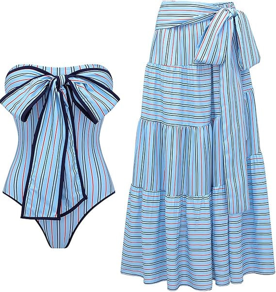 FLAXMAKER Women's One Piece Multi-Way Striped Lace Up Bow Tie One Piece Swimsuit and Skirt | Amazon (US)