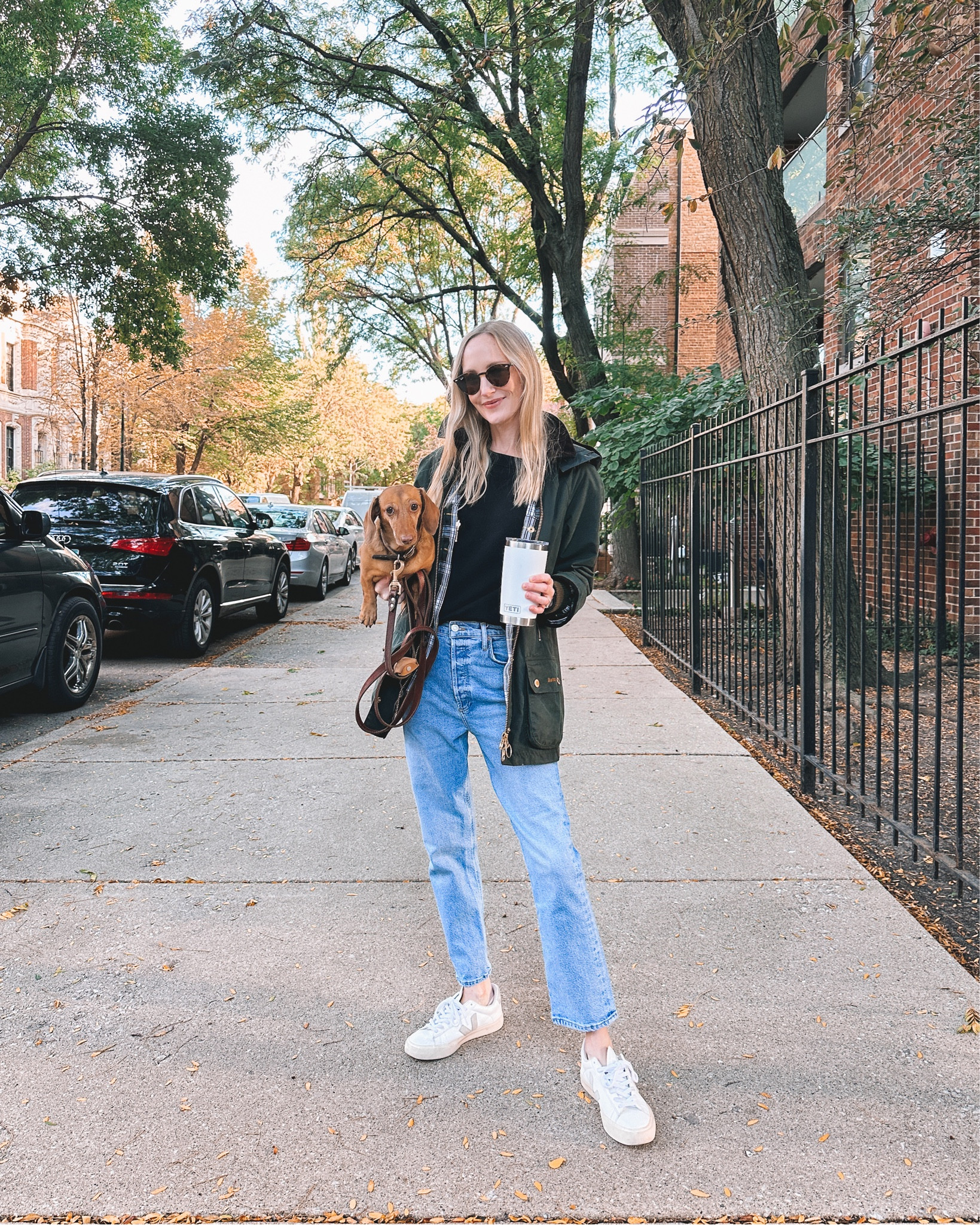 First day of fall, and it’s 55 degrees — Barbour weather! 🍁 (Noodle is not happy. Need to break out *her* Barbour 😅) 