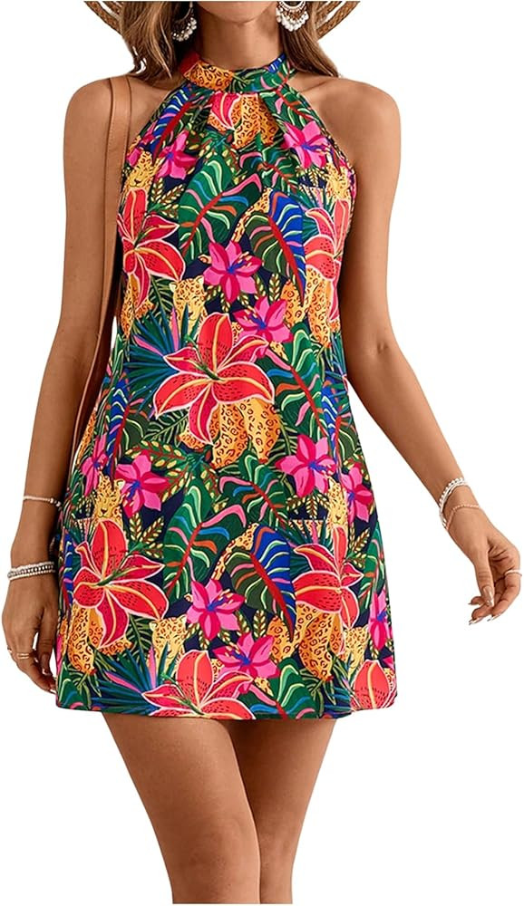 Floerns Women's Sleeveless Floral Print Sundress Halter Neck A Line Short Dress | Amazon (US)