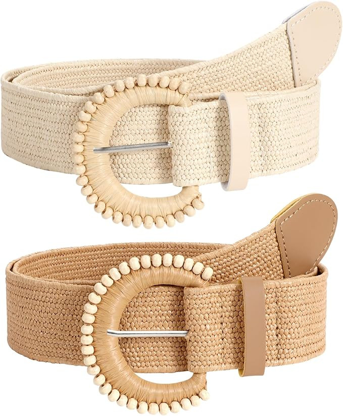 SUOSDEY 2 Pack Straw Woven Elastic Belt Braided Stretch Wide Boho Rattan Waist Belt for Women Dre... | Amazon (US)