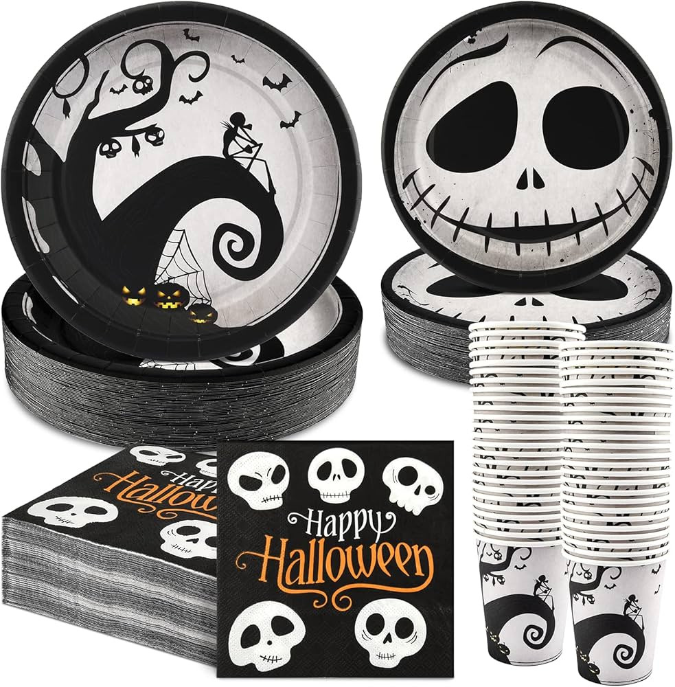 200PCS Halloween Party Supplies Plates and Napkins Cups Serve 50,Nightmare Before Christmas Black... | Amazon (US)