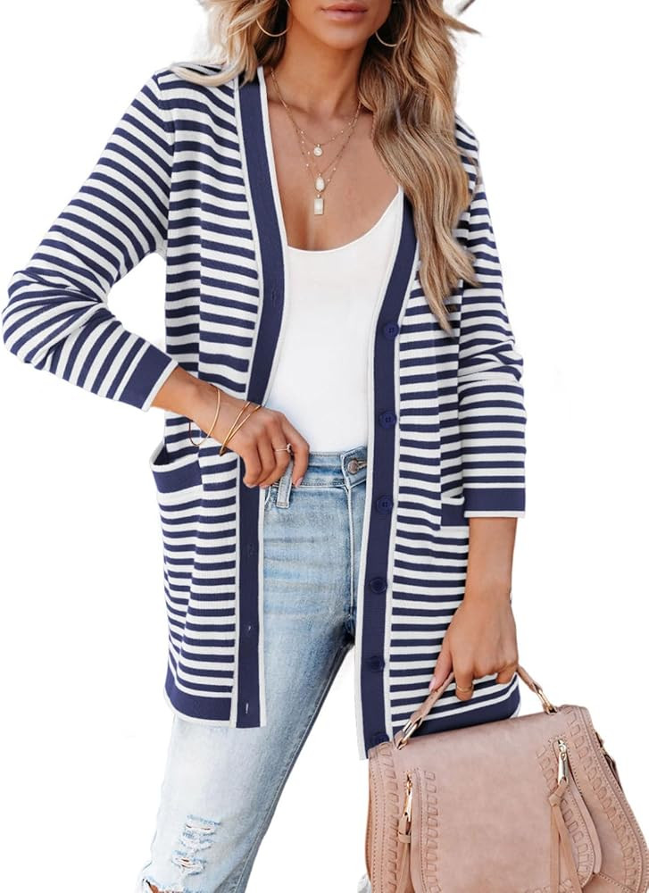 Dokotoo Cardigan Sweaters for Women Striped Fall Outfit Open Front Button Down Womens Cardigan wi... | Amazon (US)