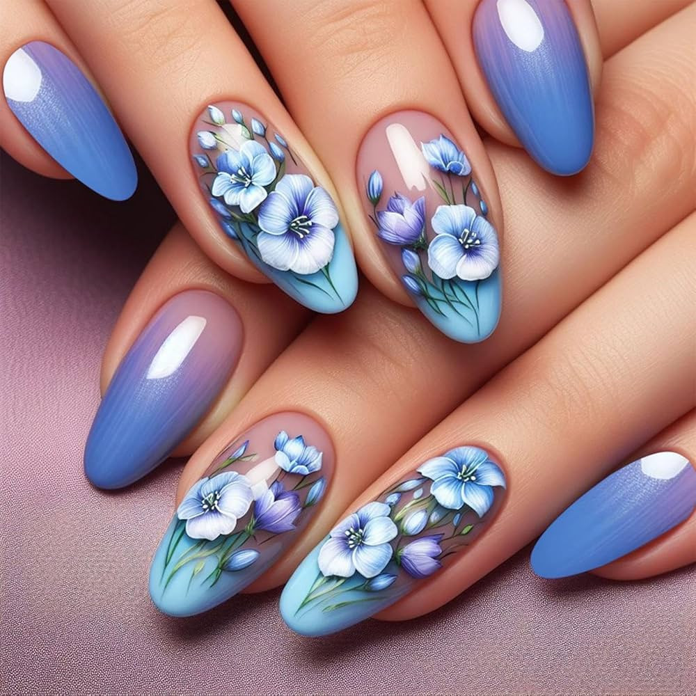 Ombre Blue Press on Nails Medium Almond Fake Nails with Flower Design Spring Press on Nails Gradi... | Amazon (US)