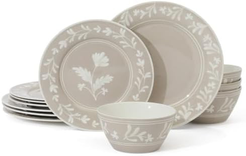 Martha Stewart Maiden Crown 12-Piece Taupe Dinnerware Set – Vegan Bone China Ceramic Plates & B... | Amazon (US)