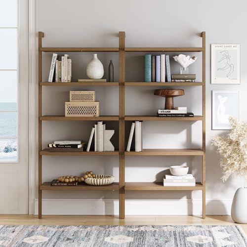 Nathan James Beacon 5 Tier Bookshelf, Wall Mounted Bookcase, Solid Wood Bookshelf in Wire Brushed Finish, Boho Rustic Bookcase, Set of 2 | Amazon (US)