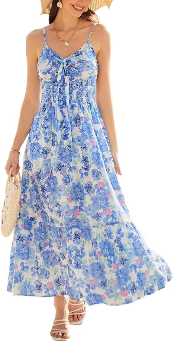 GRACE KARIN Women's 2024 Summer Beach Dress Floral V Neck Tie Front Spaghetti Strap Flowy Long Dr... | Amazon (US)