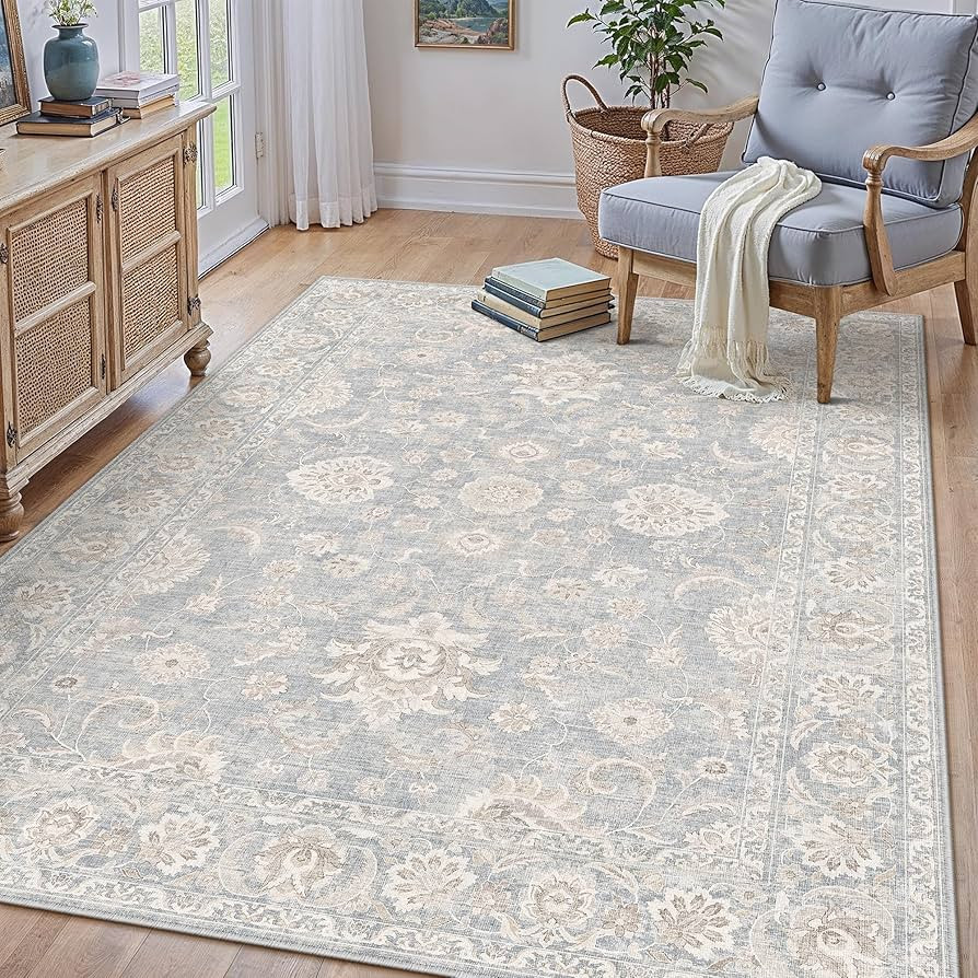 3x4 Blue Cream Washable Area Rug for Entryway Neutral Floral Soft Non Slip Carpet Low Pile Distre... | Amazon (US)