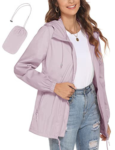 Avoogue Rain Jacket Waterproof Windbreaker Lightweight Raincoat with Hood Active Sports Jacket Rainwear Pink Purple XXL | Amazon (US)