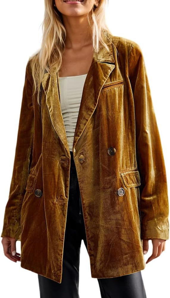 TIAFORD Womens Retro Velvet Blazer Lightweight Cozy Button Outerwear Solid Color Lapel Open Front... | Amazon (US)