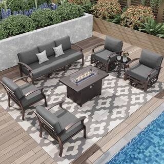 Halmuz 7-Piece Aluminum Patio Conversation Set with Armrest, Propane Fire Pit Table, Swivel Rocki... | The Home Depot