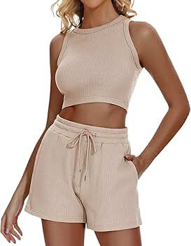 Funlingo Women's 2023 Summer Waffle Knit Sleeveless Crop Top and Shorts Set 2 Piece Lounge Pajama... | Amazon (US)