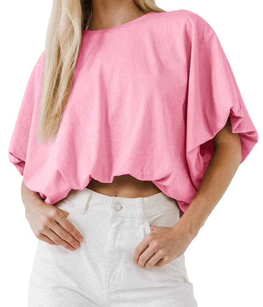 Womens Summer Crewneck Crop Tops Short Sleeve Casual Loose Cropped T Shirts | Amazon (US)