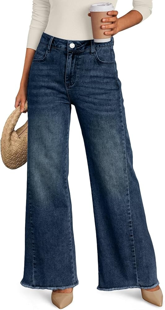 Trendy Queen Women's Wide Leg Jeans, Relaxed Loose Straight Leg with Raw Hem, Comfort Denim Pants | Amazon (US)