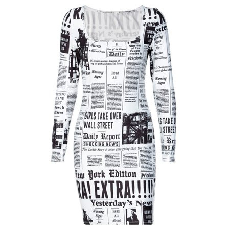 Musuos Women Sexy Bodycon Mini Dress Square Neck Long Sleeve Newspaper Pattern Printed Slim Dresses | Walmart (US)