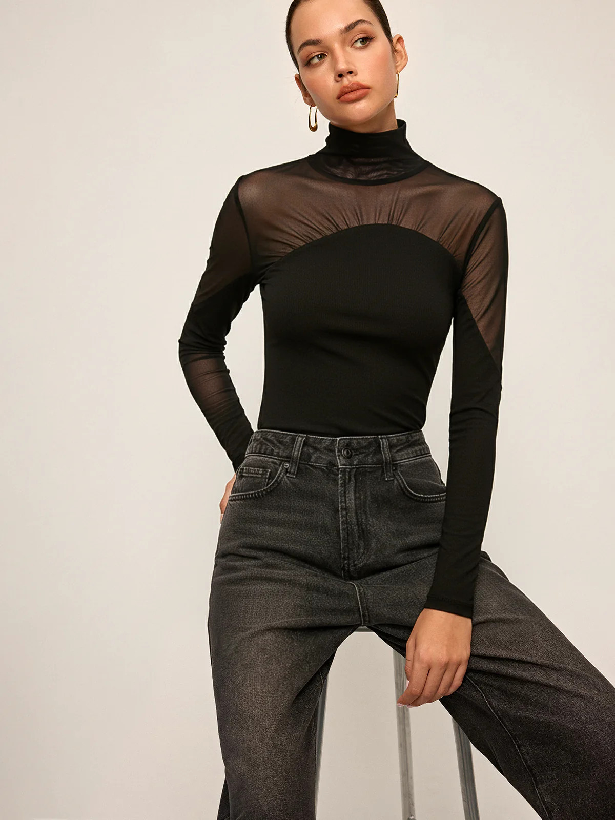 Sheer Mesh Paneled Turtleneck Top | Commense
