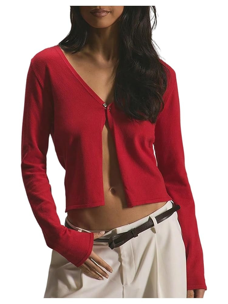 Milumia Women's Y2k V Neck Crop Cardigan Long Sleeve Open Front Knitted Sweaters | Amazon (US)
