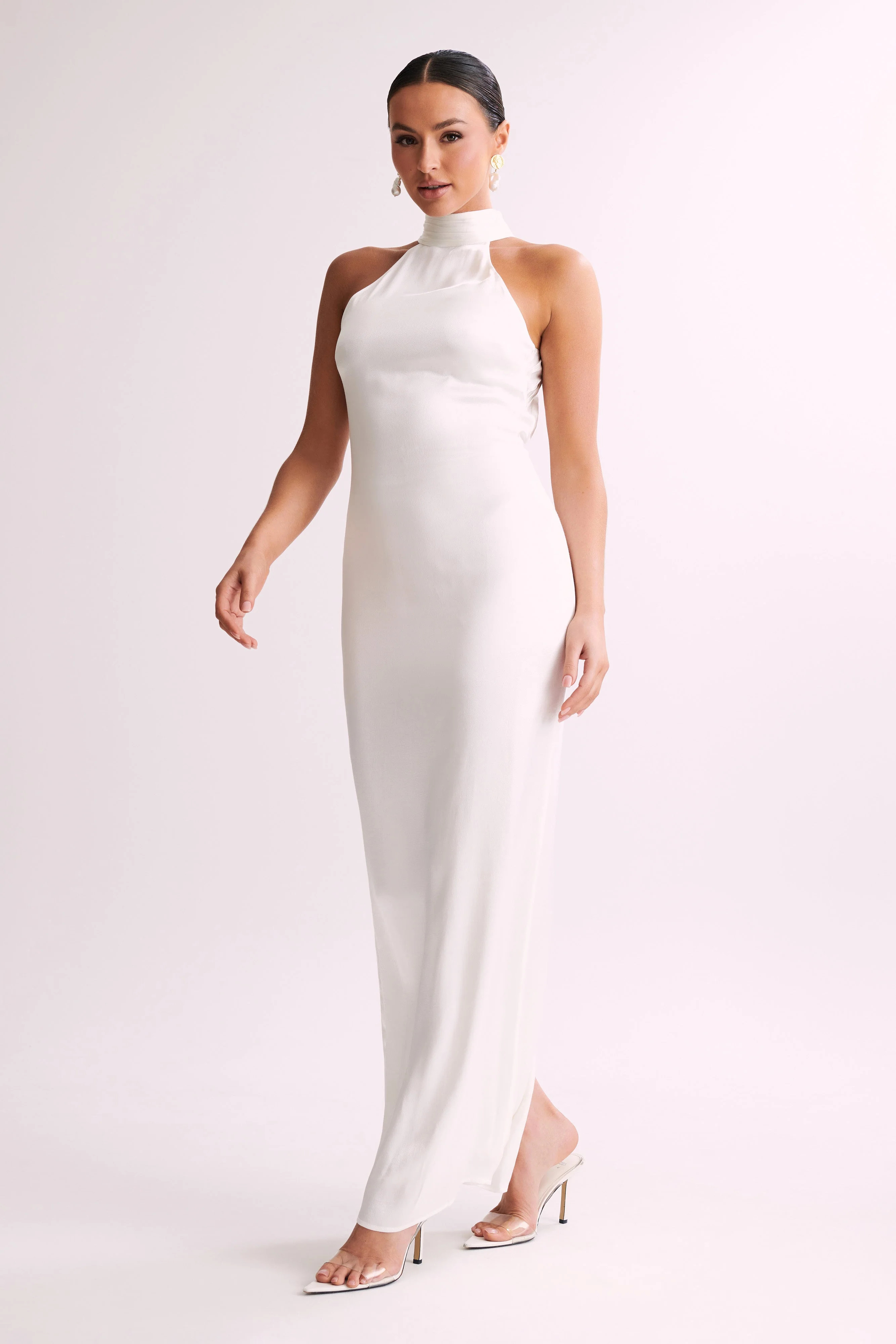 Claire Satin Drape Back Maxi Dress - White | MESHKI US