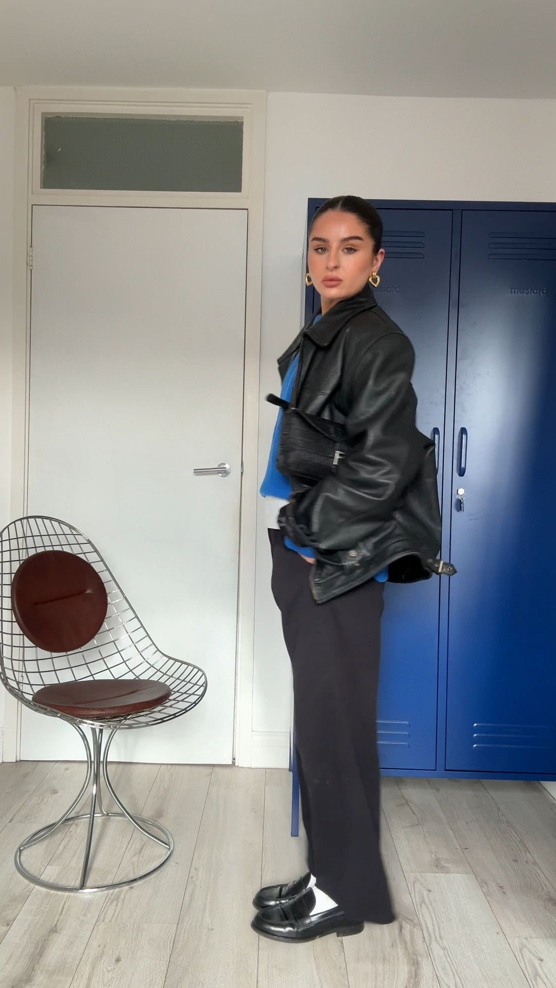 Autumn outfit inspo 

Leather jacket is vintage 
Bag is a fendi baguette 

Leather jacket, black trousers, blue jumper, cos jumper, loafers outfit 

#LTKautumn #LTKwinter #LTKgrwm