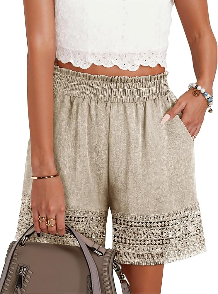 Women's Casual Elastic Waist Lounge Shorts Comfy Stretch Lace Trim Summer Beach Linen Ruffle Shor... | Amazon (US)