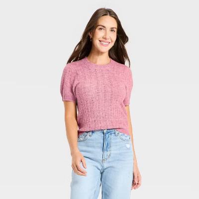 Women's Short Sleeve Pointelle Crewneck Pullover Sweater - Universal Thread™ Pink XL | Target