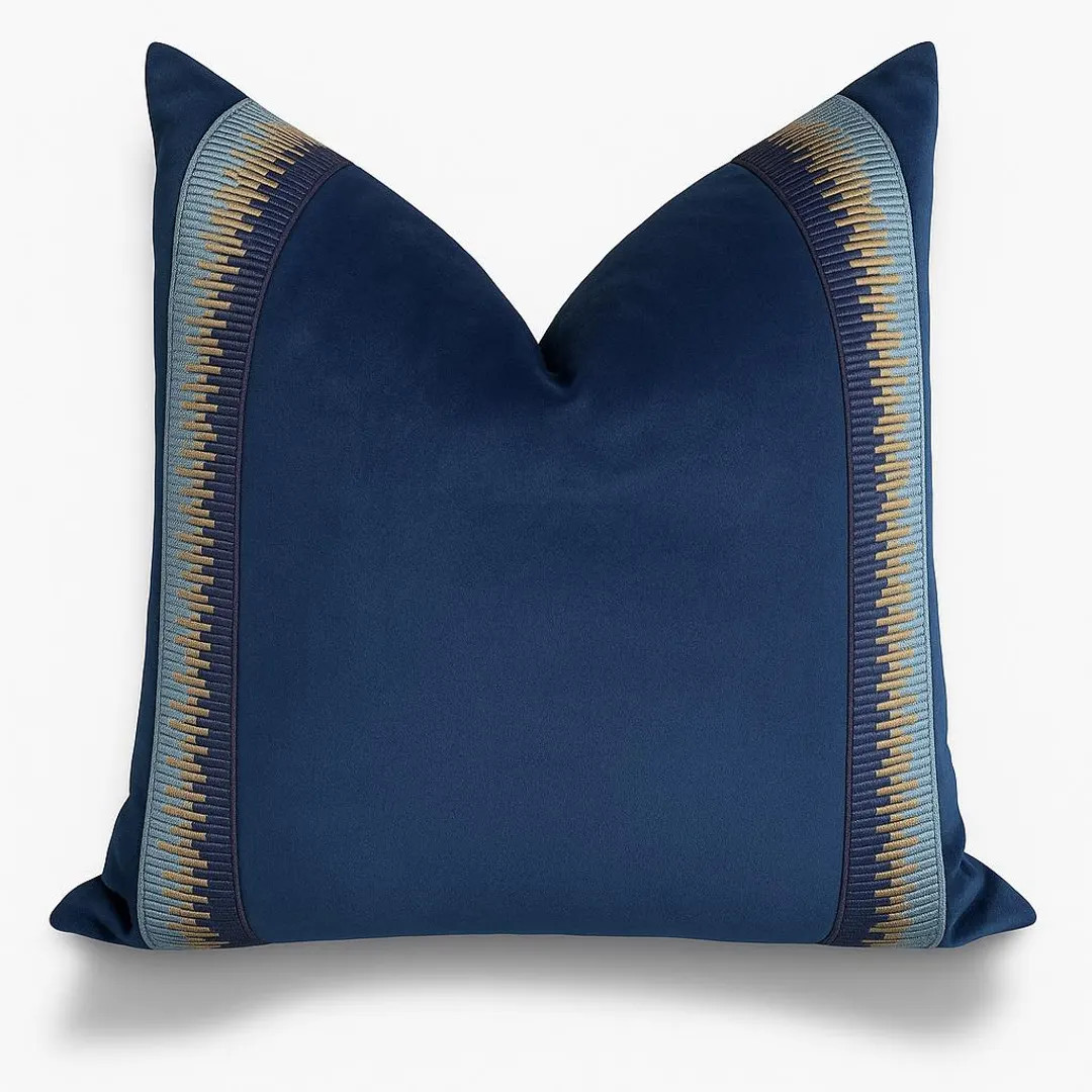 Designer Pillow cover trim tape navy blue Schumacher velvet Cover navy light blue lumbar bolster ... | Etsy (US)