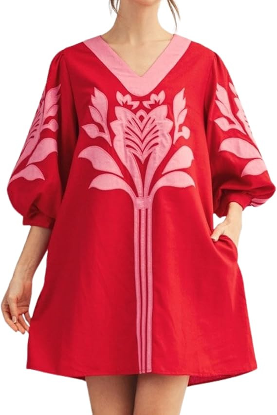 InterNos Women's Summer Applique Floral Mini Dress V Neck 3/4 Puff Sleeve Casual Shift Dress with... | Amazon (US)