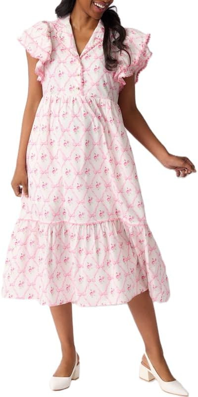 Juakoso Women Boho Floral Print Midi Dress Loose V Neck Short Sleeve Ruffle Maxi Dress Flowy Smoc... | Amazon (US)