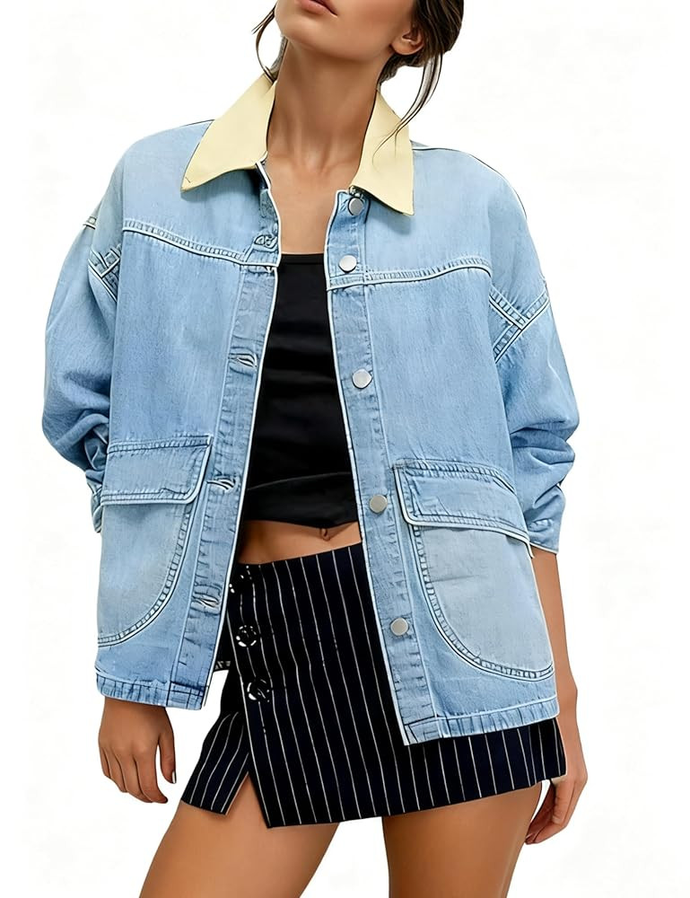 Yeokou Women Oversize Denim Jacket Casual Button Down Jean Coat Long Sleeve Shacket Outfit with P... | Amazon (US)