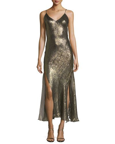 Ruffled V-Neck Sleeveless Metallic Slip Dress | Bergdorf Goodman