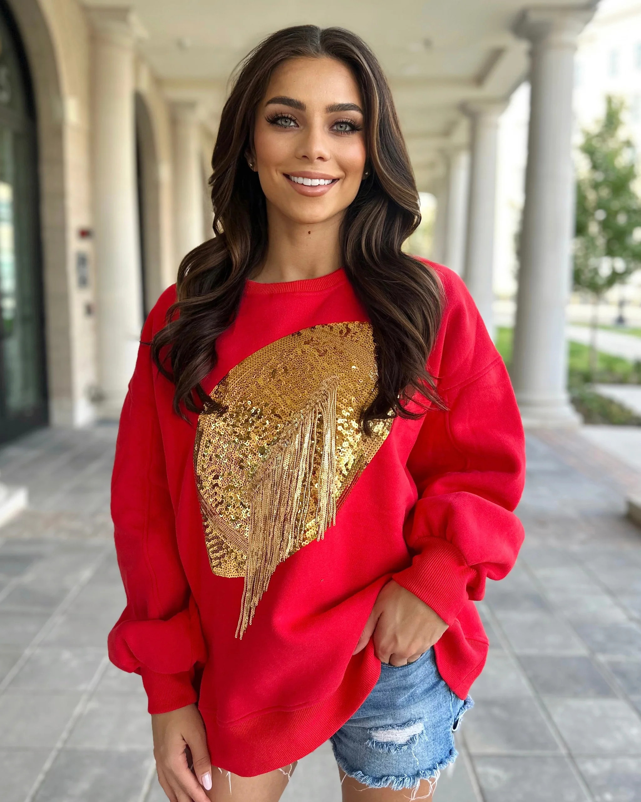 Red/Gold Sequin Fringe Football Pullover | Live Love Gameday®