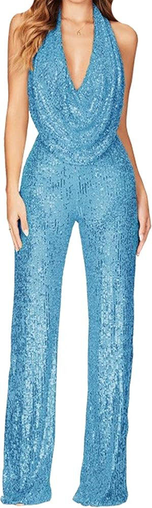 GORIFE Lady's Shiny Cowl Neck Overalls Lightweight Wide Leg Romper Overalls Sexy Metallic Straple... | Amazon (US)
