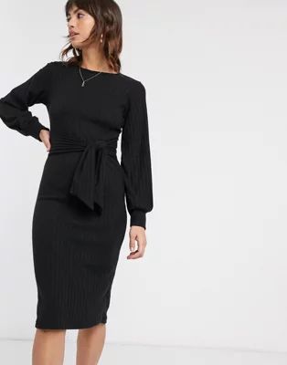 River Island long sleeved ribbed midi dress with belt in black | ASOS US