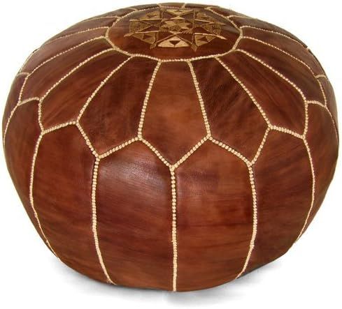 Mina Stuffed Moroccan Leather Pouf Ottoman, 20" Diameter and 13" Height (Brown) | Amazon (US)