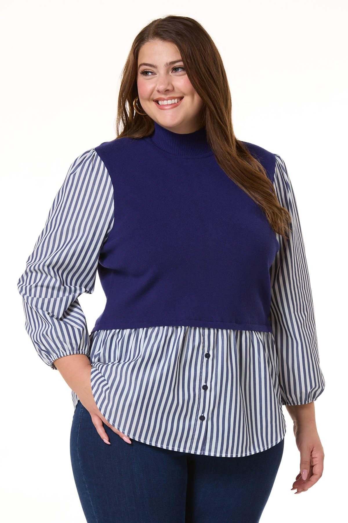 Plus Size Twofer Knit Poplin Stripe Top | Cato Fashions
