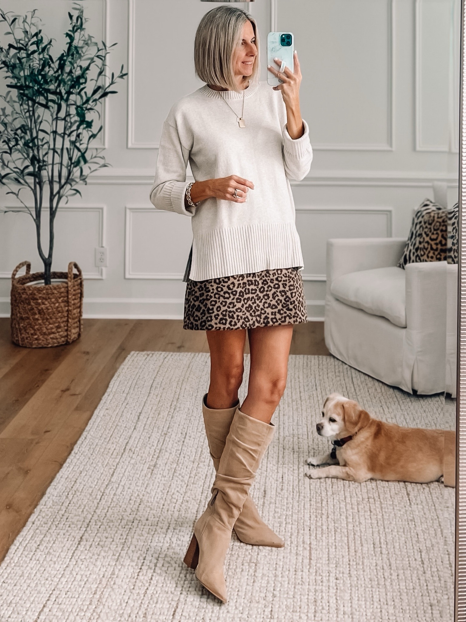 40% off friends and family sale! 🙌 This faux fur leopard skirt is so cute! Wearing a 2. Tunic sweater in an xs. 
Knee high boots 

fall outfit ideas 
Workwear 
Date night outfit 
#loveloft 
Loft outfitt



#LTKSaleAlert #LTKOver40 #LTKStyleTip