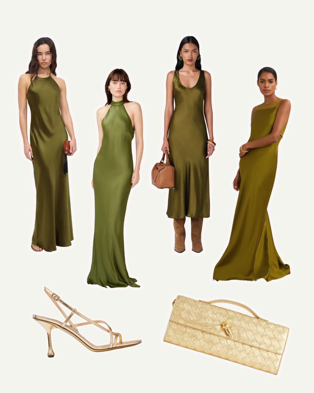 Winter wedding guest, what to wear to a wedding, high street wedding guest, spring wedding guest, olive green satin dress, gold strappy heels, gold bottega clutch bag 

 #LTKdatenight #LTKwedding #LTKpartywear