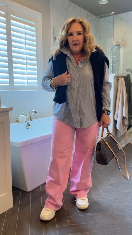 I’m calling it street style preppy! 
Pink jeans under $50 size 12
Blouse size large
Cotton sweater size large 

You can clean this up by tucking in the shirt and wearing an espadrille. Or street style preppy 😉

#LTKmidsize #LTKfindsunder100 #LTKsalealert