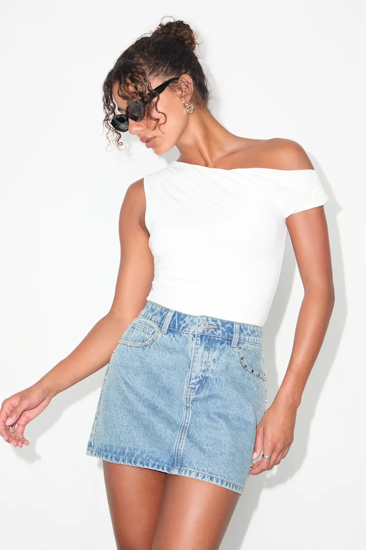 Tayana Light Wash Studded Denim Mini Skirt | Lulus