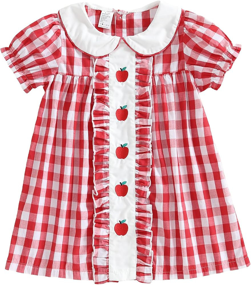 Toddler Girl Back to School Dress Embroidery Short Sleeve Smocked Dress First Day of Preschool Ki... | Amazon (US)