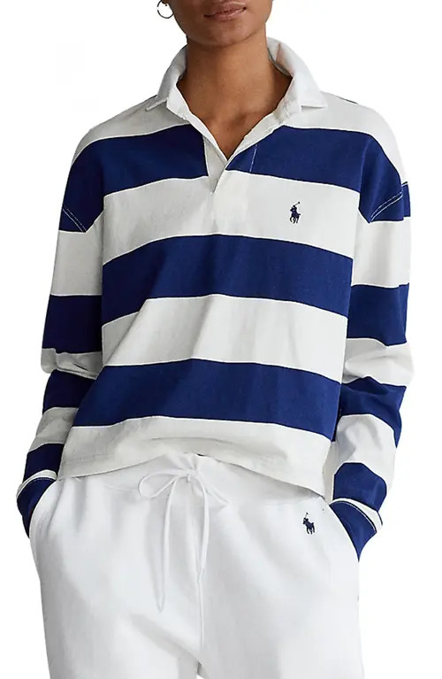 Polo Ralph Lauren Crop Stripe Rugby Shirt in Deck Wash White/Fall Royal at Nordstrom, Size X-Small | Nordstrom