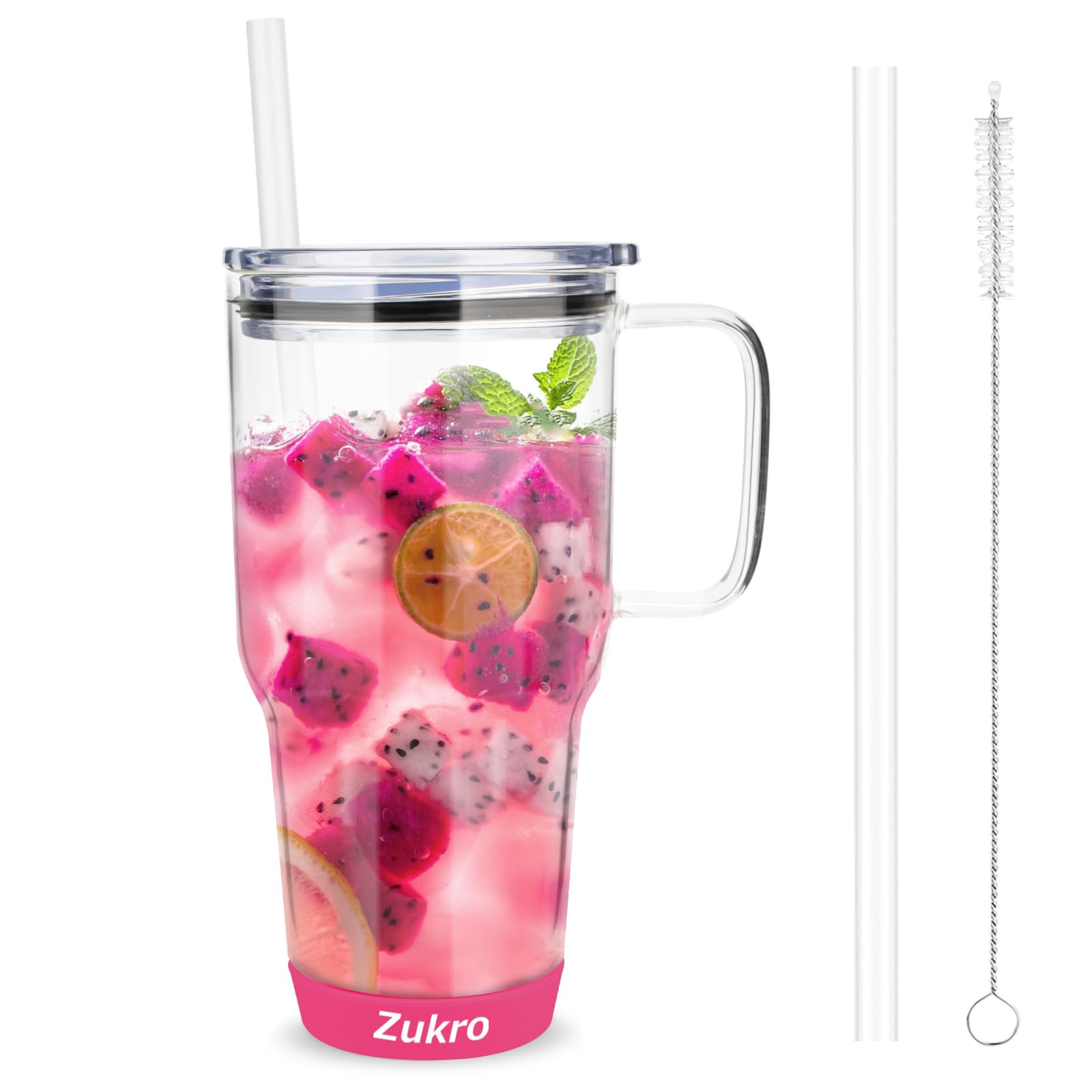 Zukro 32 oz Drinking Glass Tumbler with Handle, Iced Coffee Cup with Straw and Lid, Reusable Glass Bubble Tea Water Cup With Silicone Bumper, Fits In Cupholder, Dishwasher Safe, BPA Free, Watermelon | Amazon (US)