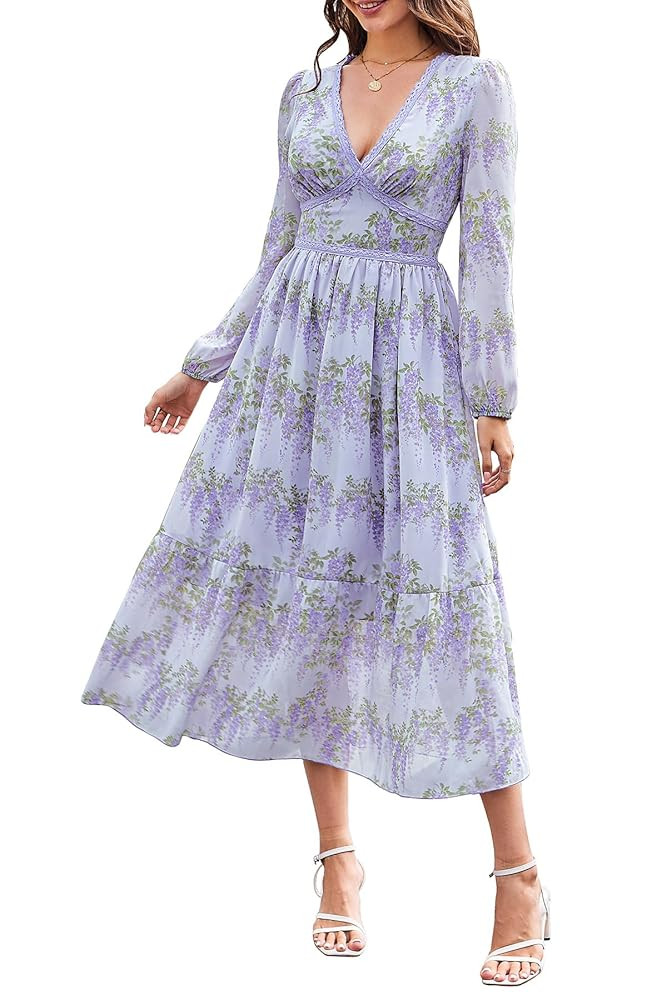 Women's Spring Wrap Maxi Dress Floral V Neck Long Sleeve Wedding Guest Party Casual Chiffon Dress | Amazon (US)