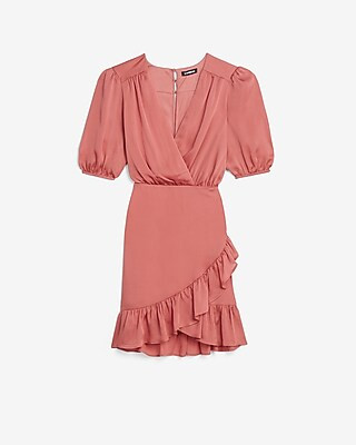 Satin Ruched Wrap Front Ruffle Dress | Express