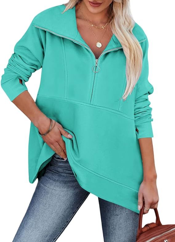 Zwurew Women's Casual Long Sleeve Sweatshirt Half Zip Lapel Fleece Pullover Oversized V Neck Tuni... | Amazon (US)