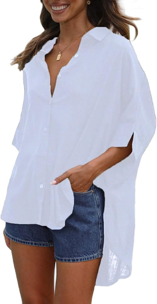 Fashionme Oversized Button Down Shirts for Women 3/4 Sleeve Flowy Ladies Tops Blouses High Low wi... | Amazon (US)
